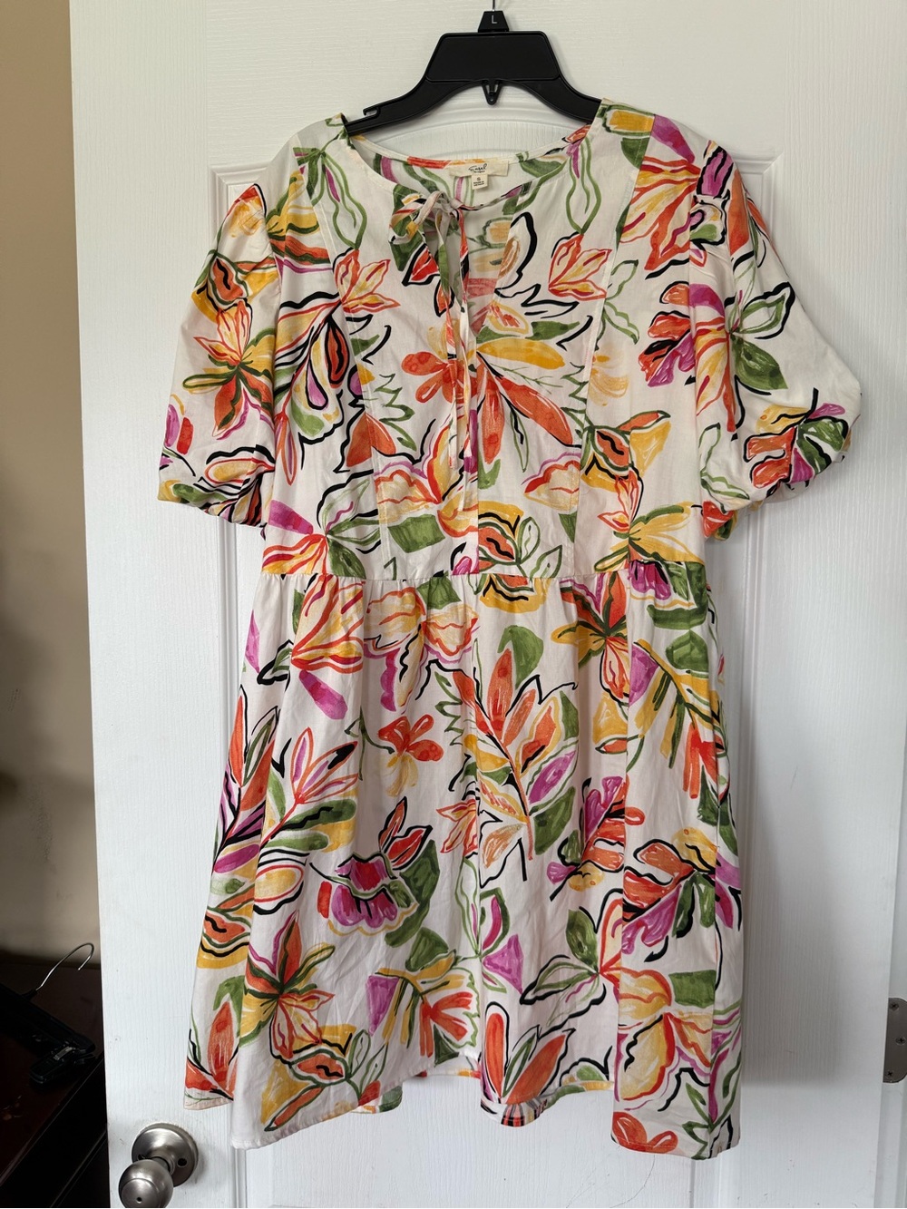 White Floral Tie-Neck Mini Dress with Multicolor Print
